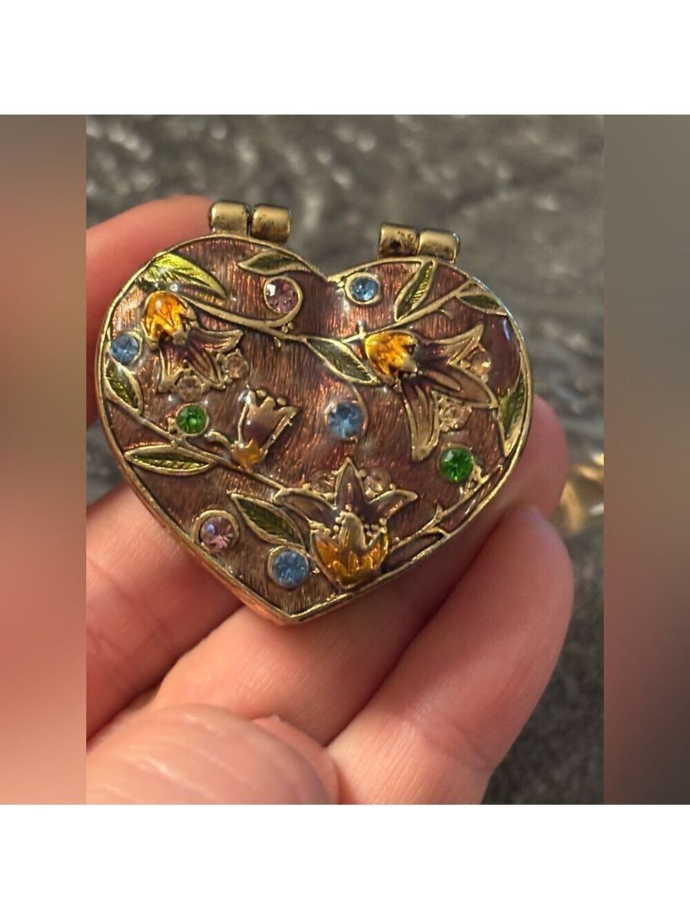 Vintage MONET Heart Enamel Trinket Box • Floral Vine Design • Jewelled Keepsake